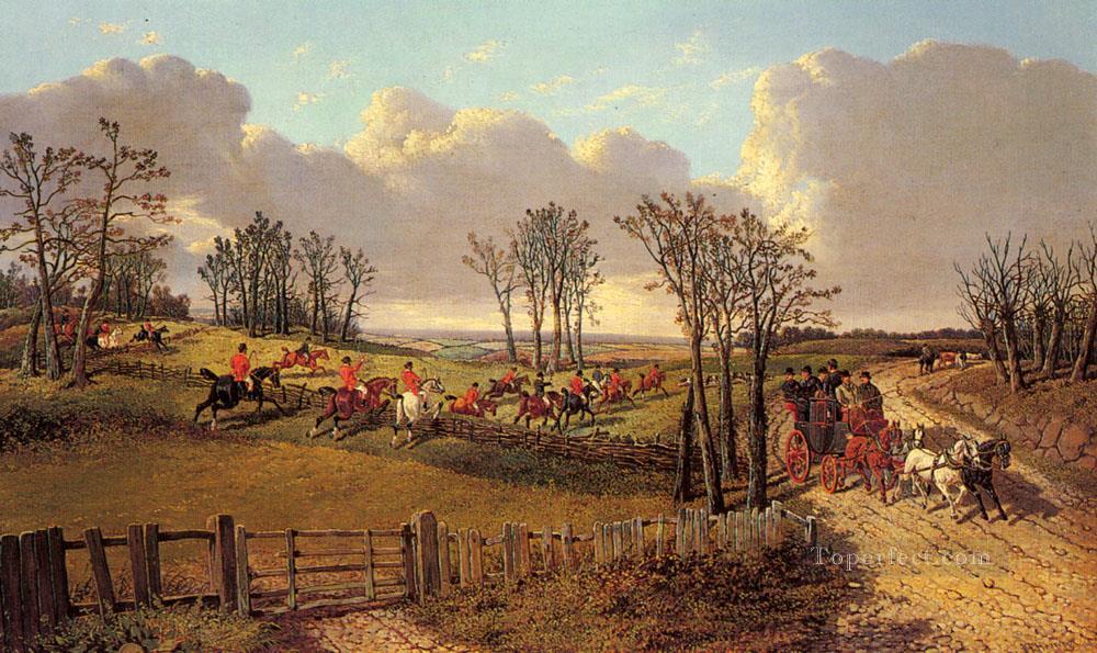 ジョン・フレデリック・ヘリング・ジュニア馬による公道での馬車と四人の狩猟シーン油絵